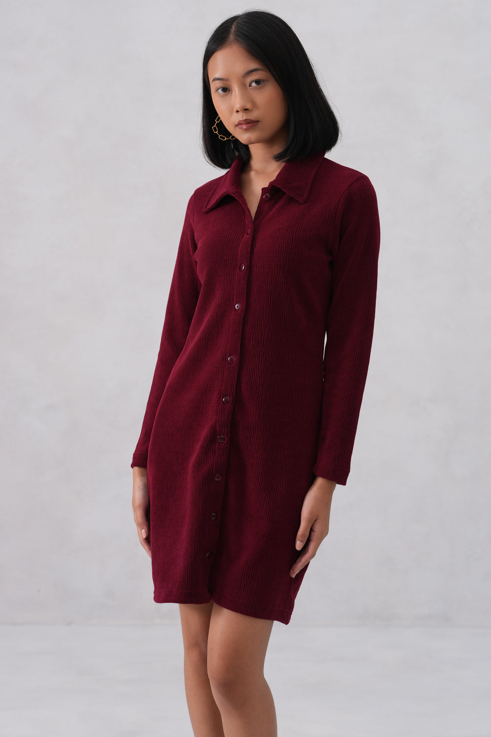 Maroon Textured Winter Mini Shirt-Dress