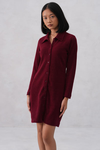 Maroon Textured Winter Mini Shirt-Dress