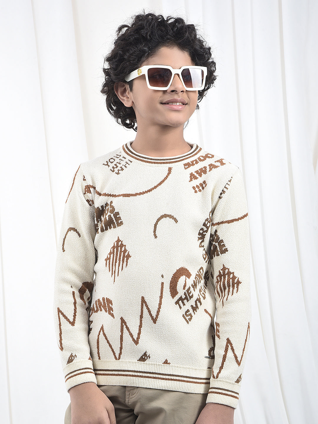 Cream Typographic Print Knitted Sweater