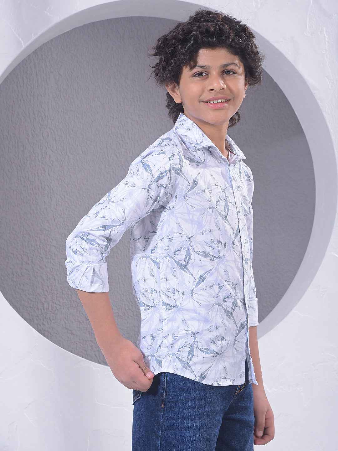 White Floral Print Modal Shirt