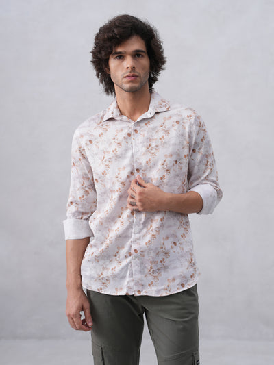 Peach Floral Print Linen Shirt