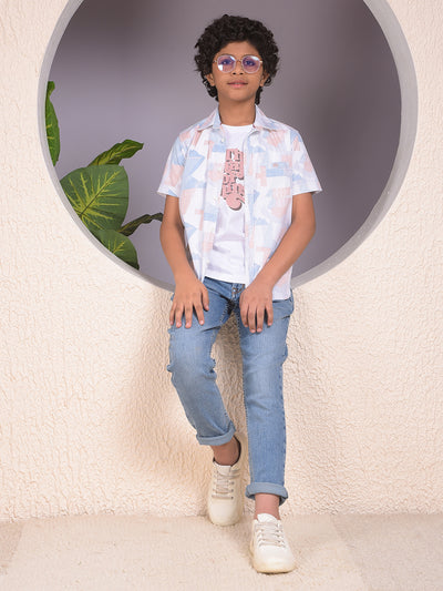 Peach Printed Shirt & Tee Set Layered Look