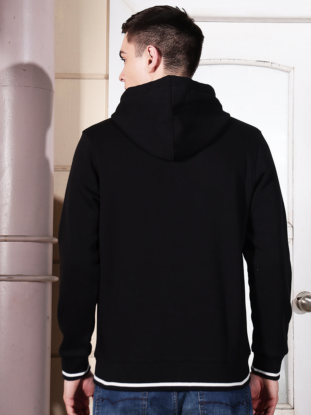 Black Hooded Neck Front Open Sweatshirt