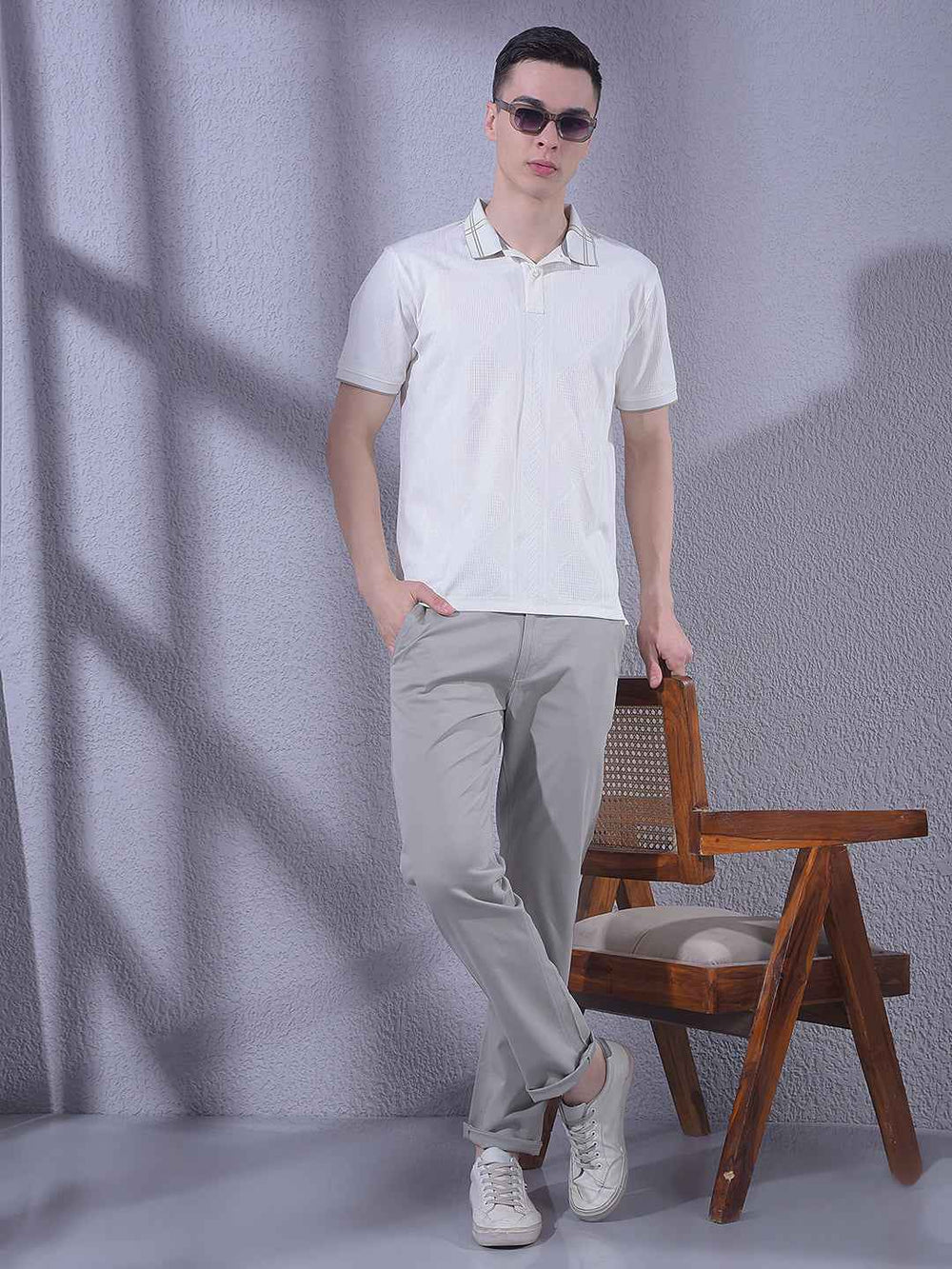 White Jacquard Polo Neck T-Shirt