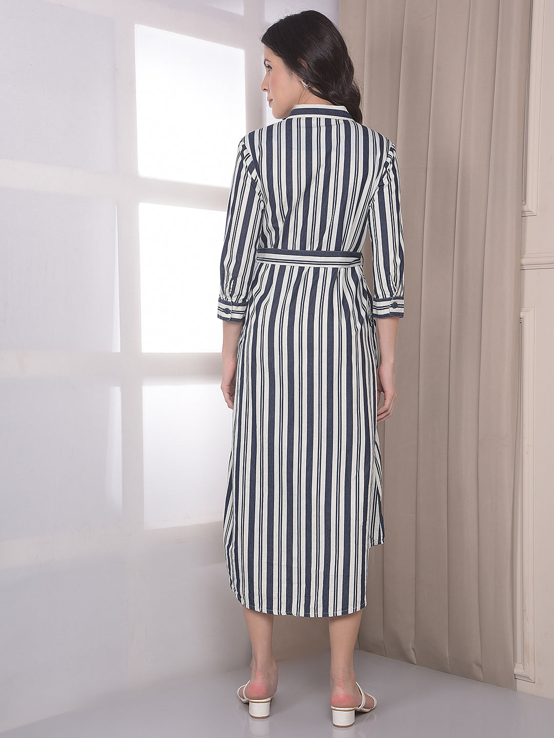 Blue Vertical Striped 100% cotton Shirt Dress