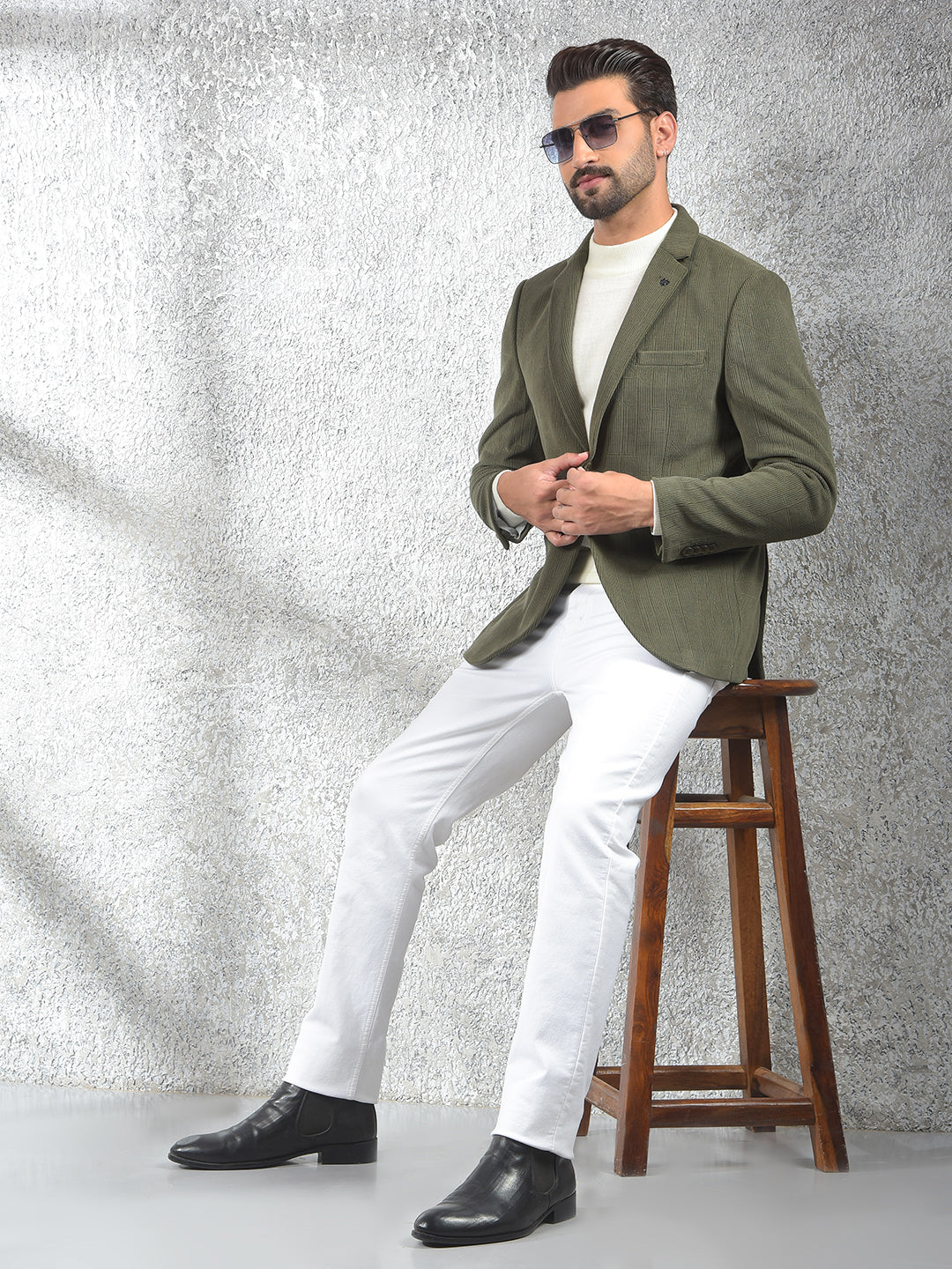 Olive Jacquard Notched Lapel Single-Breasted Blazer