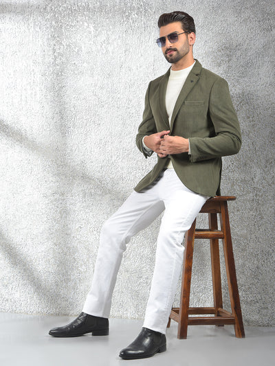 Olive Jacquard Notched Lapel Single-Breasted Blazer