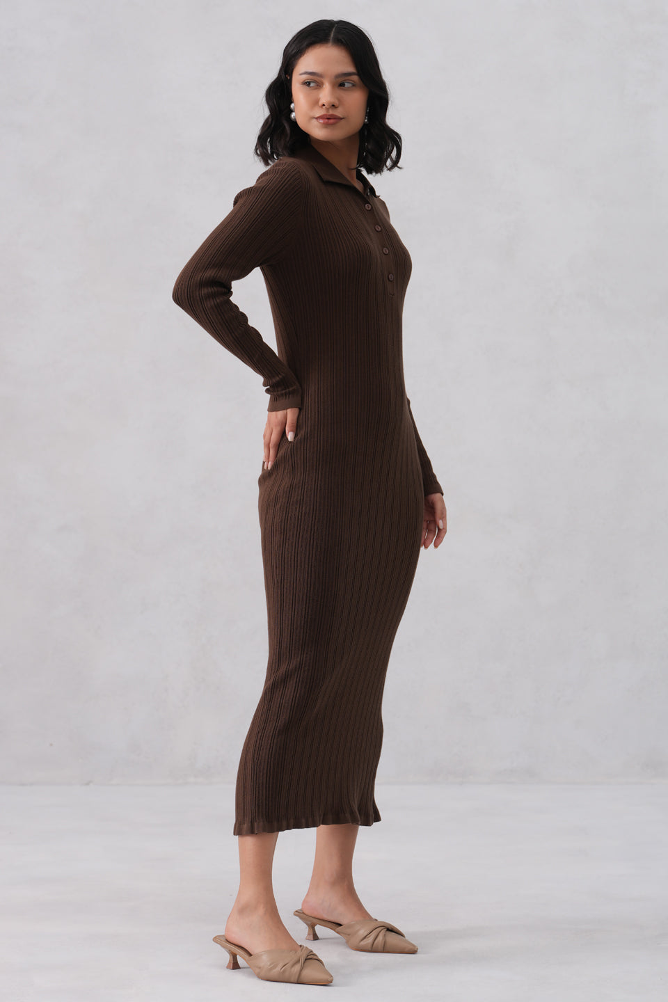 Brown Vertical Stripes Winter Bodycon Dress