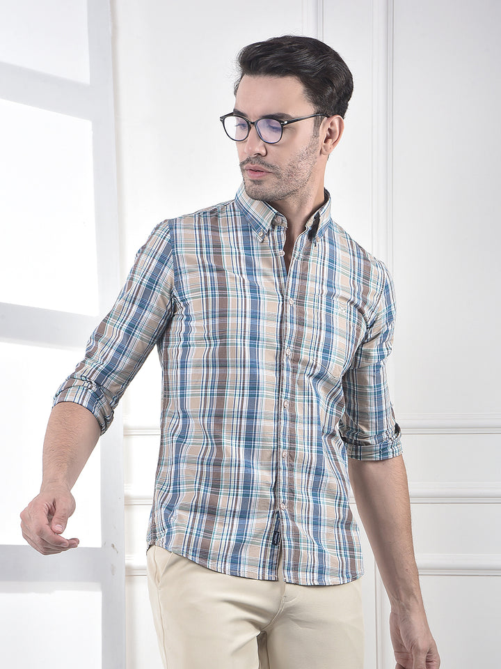 Brown Checked 100% Cotton Button-Down Collar Shirt