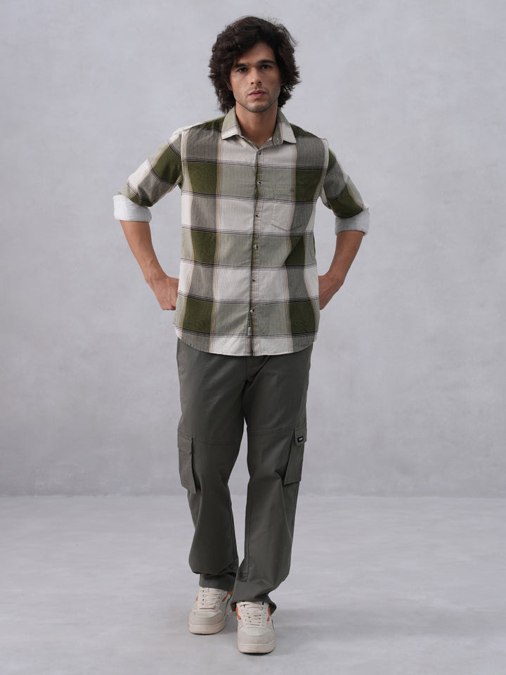 Olive Checked 100% Cotton Corduroy Shirt