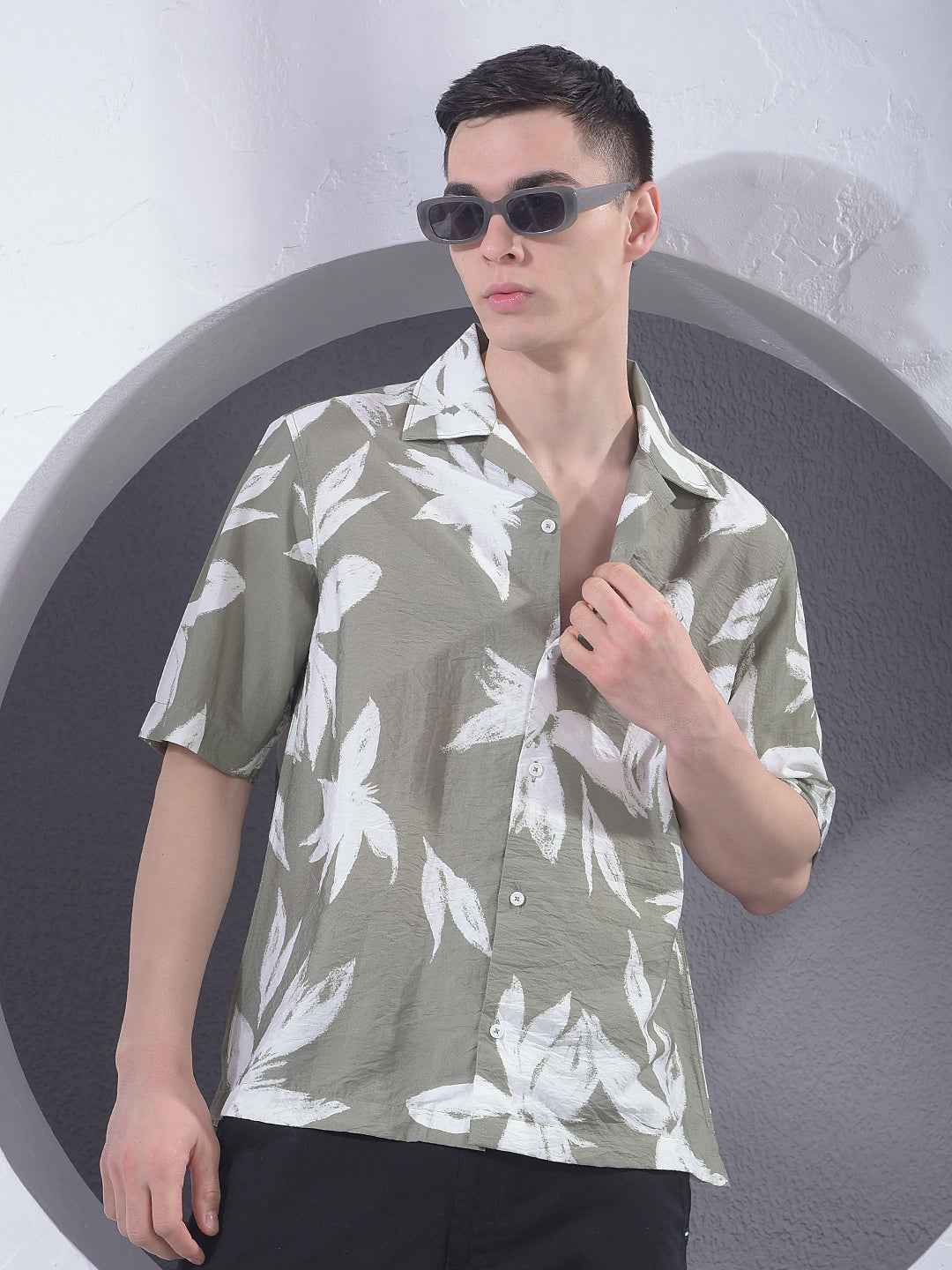 Green Floral Print Resort-Collar Shirt