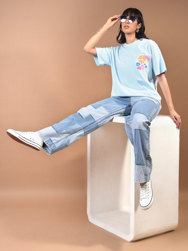 Blue Floral Print Oversize T-Shirt-Women T-Shirts-Crimsoune Club
