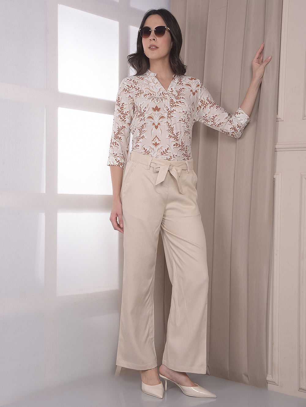 Beige Wide Leg Casual Trousers With Belt