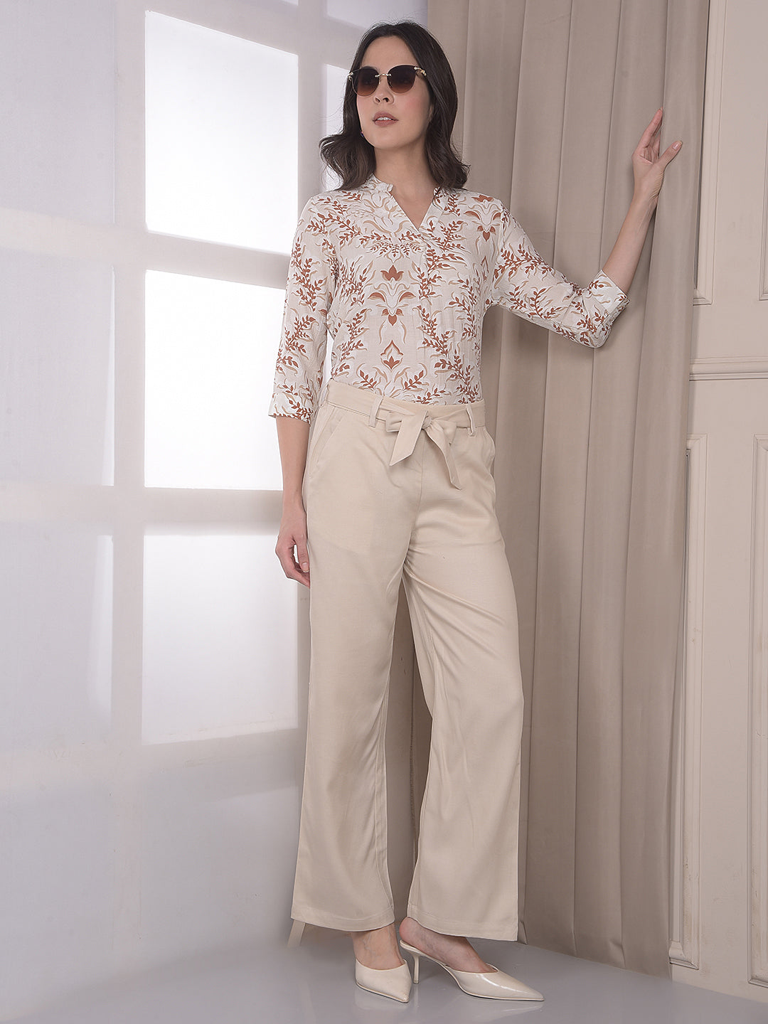 Beige Wide Leg Casual Trousers With Belt