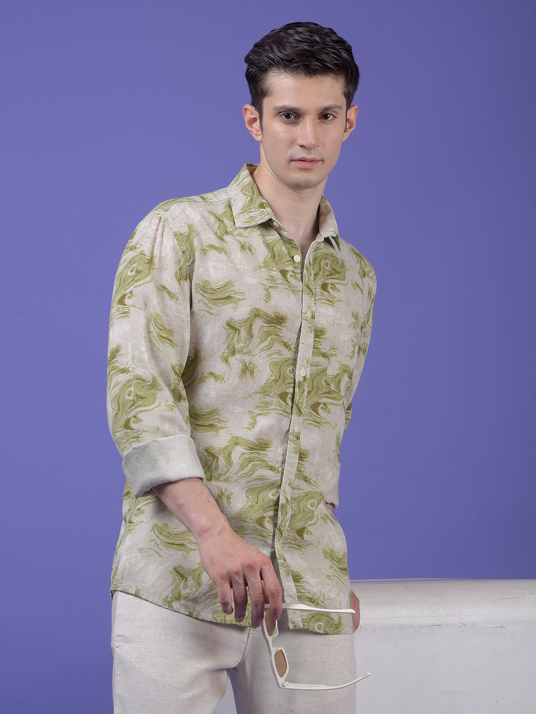 Green Printed Linen Shirt