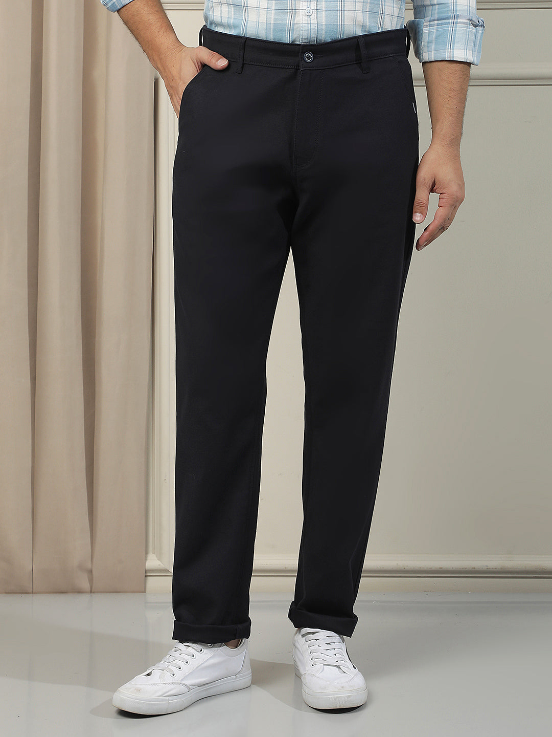 Navy Blue Cotton Stretchable Dobby Trousers