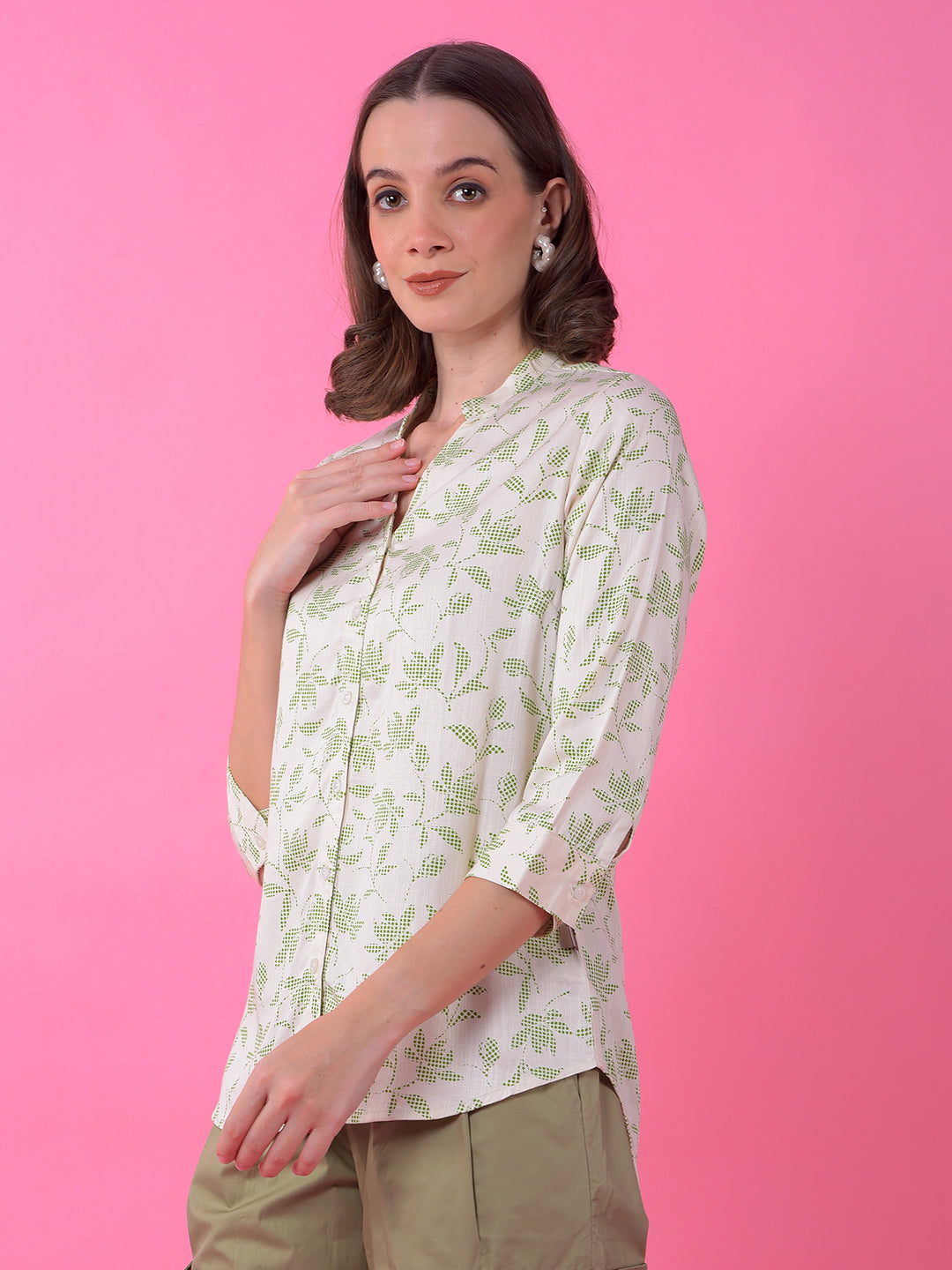 Green Floral Print V-Neck Shirt