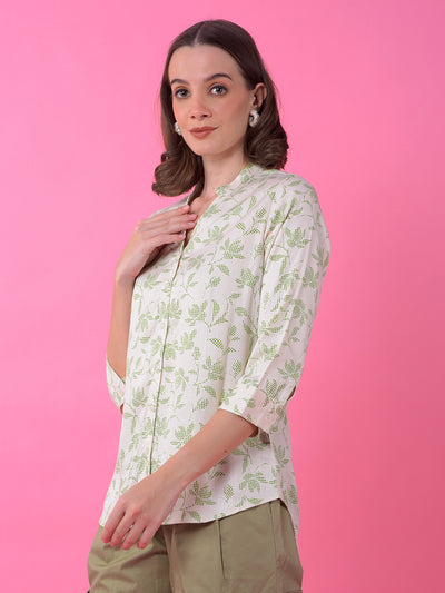 Green Floral Print V-Neck Shirt