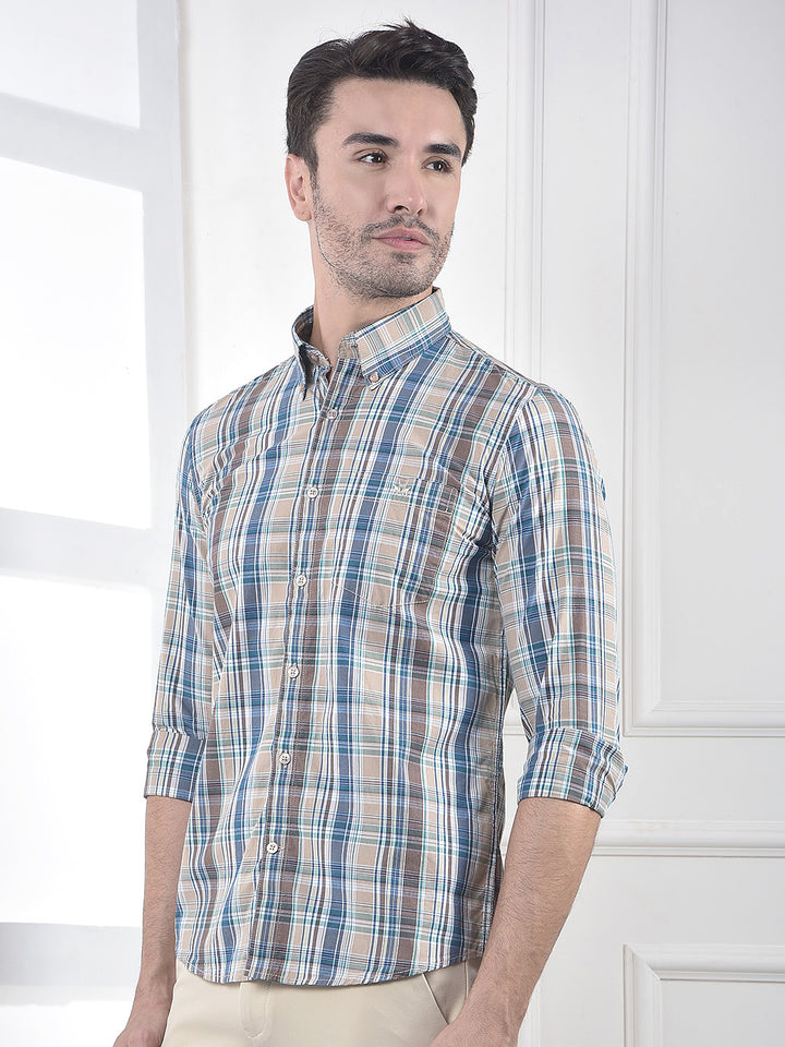 Brown Checked 100% Cotton Button-Down Collar Shirt