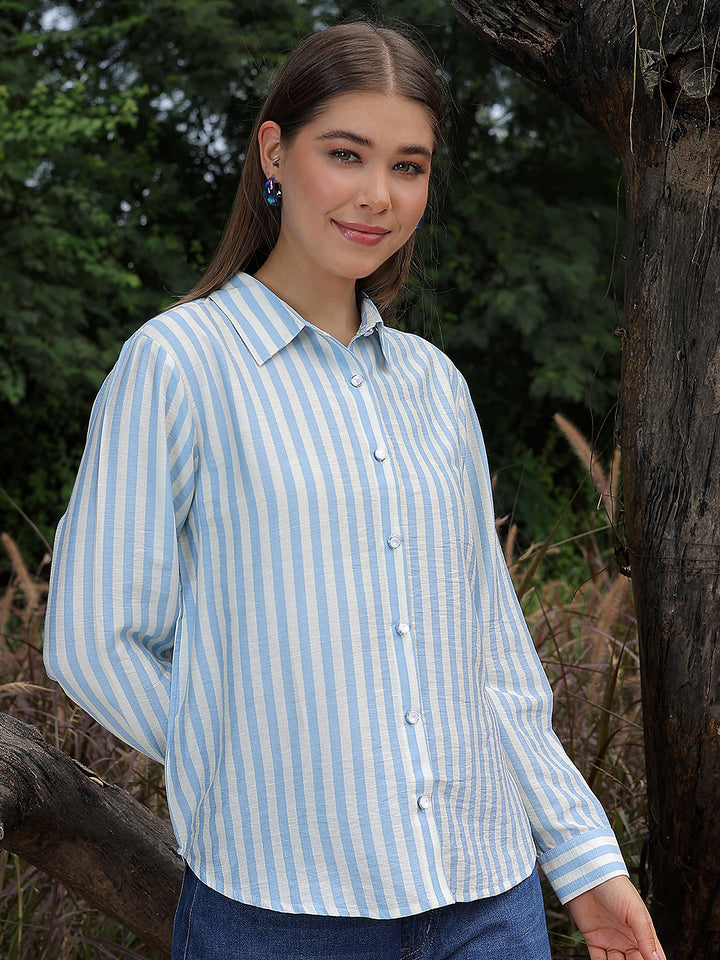 Contemporary Coastal Blue Striped Shirt