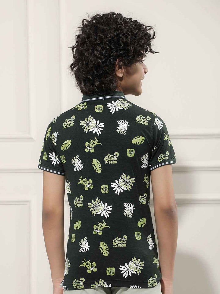 Tropical Print Green Polo T-Shirt