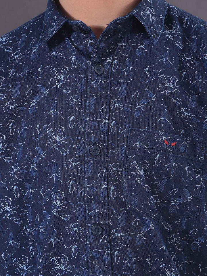 Navy Blue Floral Print 100% Cotton Shirt