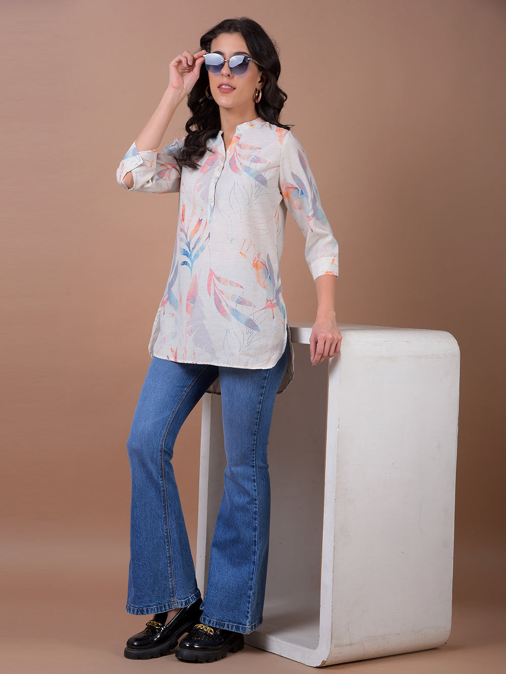 Orange Floral Print V-Neck Linen Top