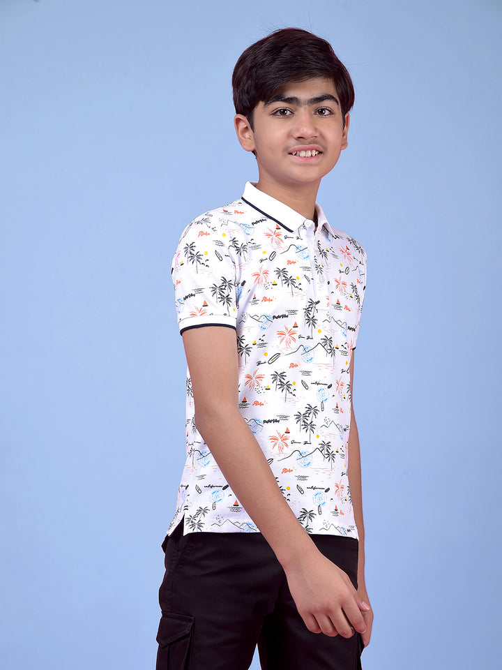 White Floral Print Polo Neck T-Shirt