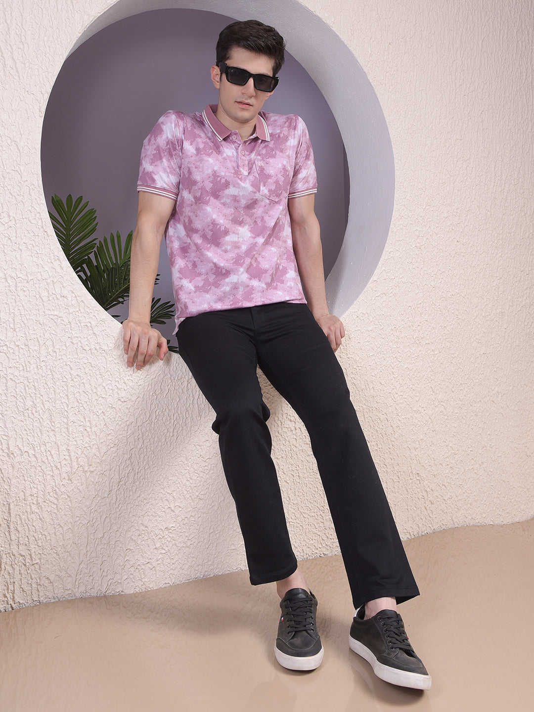 Pink Printed Polo-Neck T-Shirt