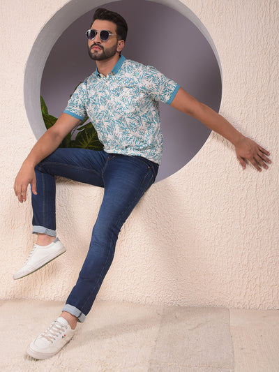 Blue Floral Print Polo Neck T-Shirt