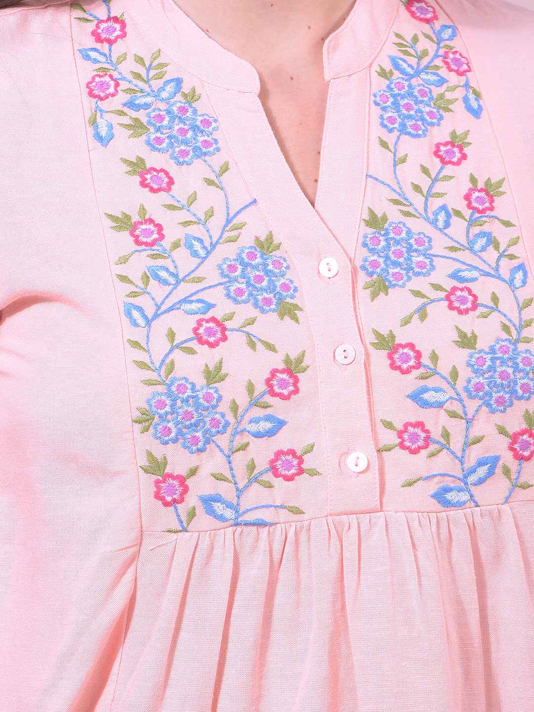 Pink Floral Embroidered V-Neck Top