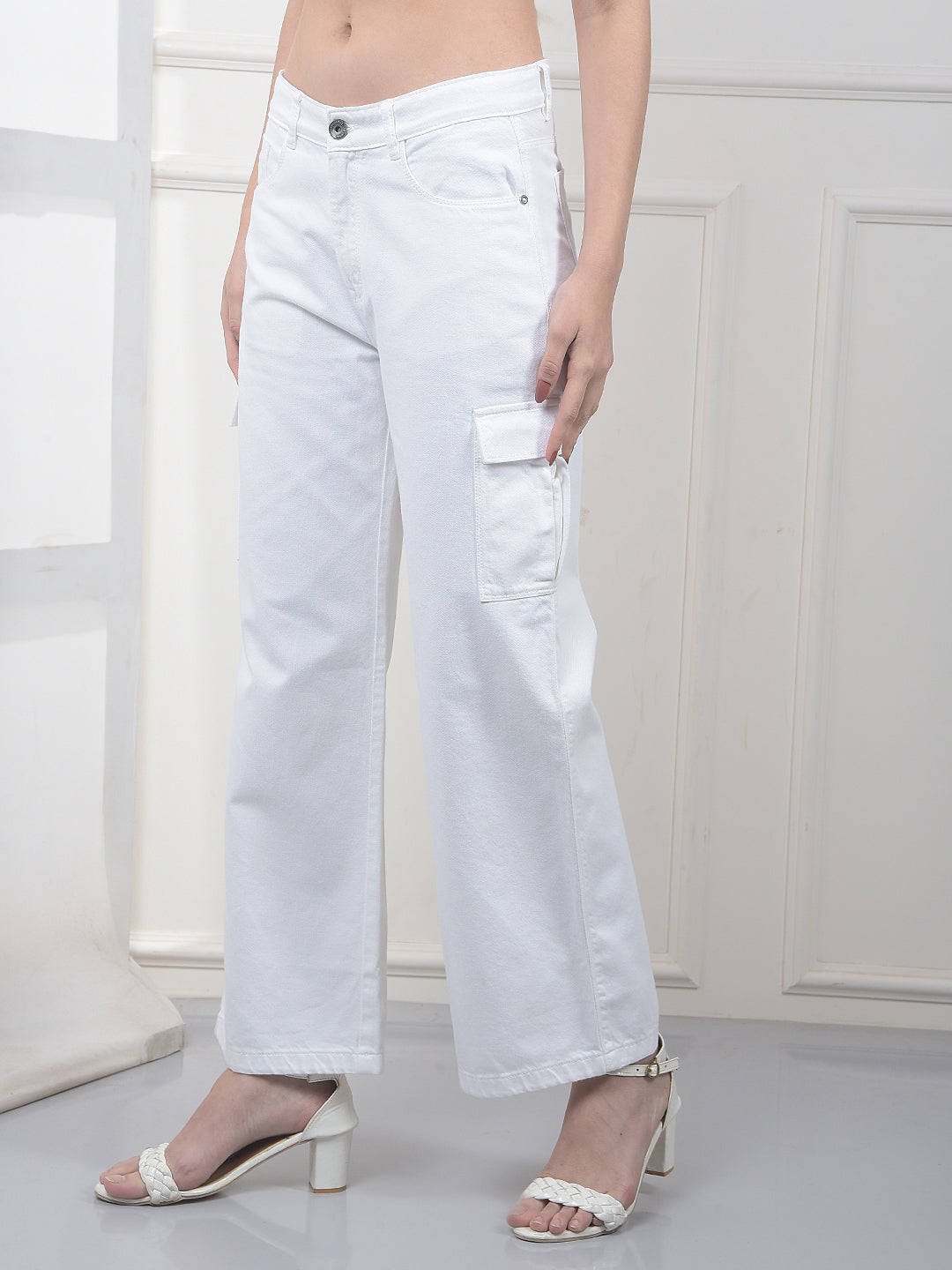 White 100% Cotton Wide-Leg Cargo Jeans