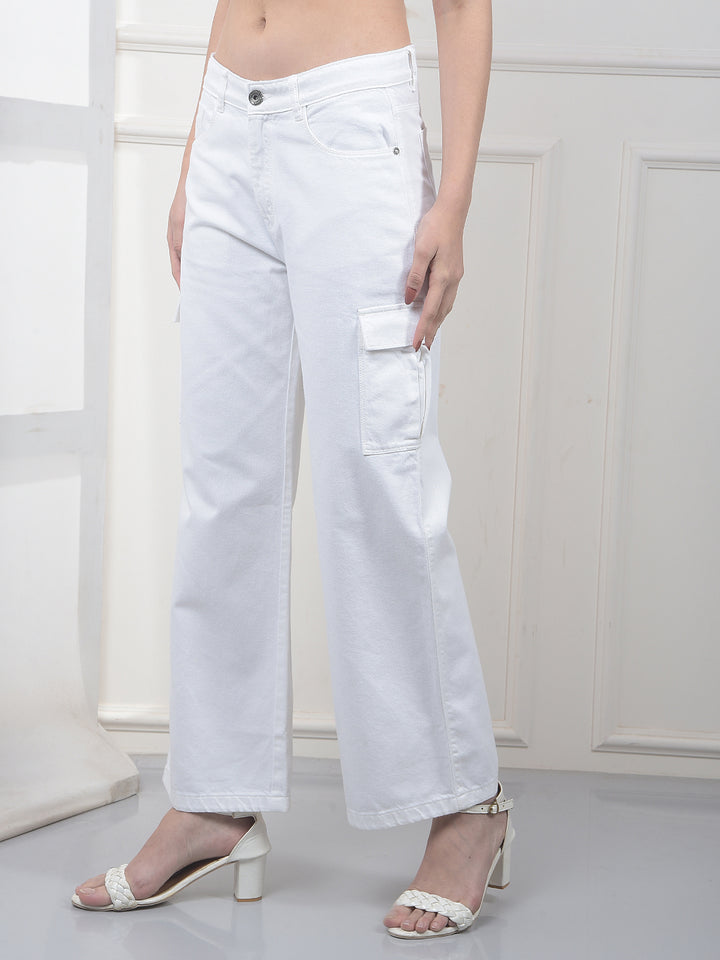 White 100% Cotton Wide-Leg Cargo Jeans