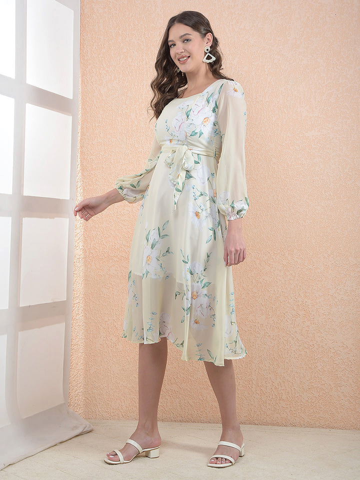Green Floral Print Square Neck A-Line Midi Dress