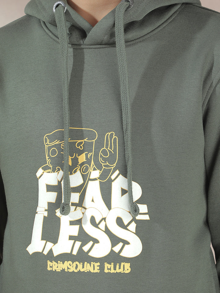 Olive Typographic Print Hooded Neck Sweatshirt