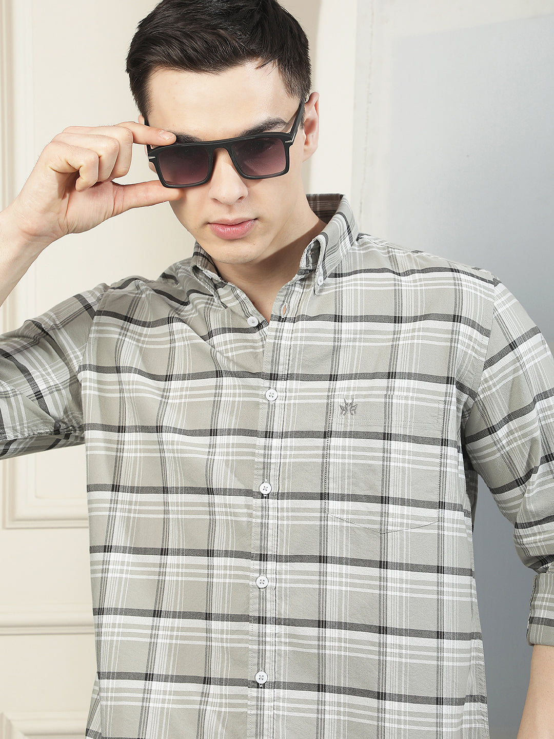 Grey Checked Button-Down Collar 100% Cotton Shirt