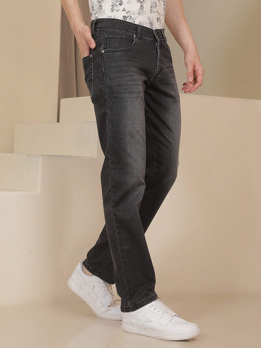 Grey Cotton Straight Jeans