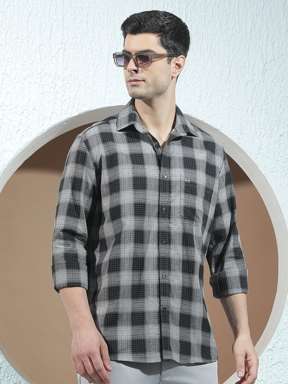 Navy Blue 100% Cotton Checked Shirt