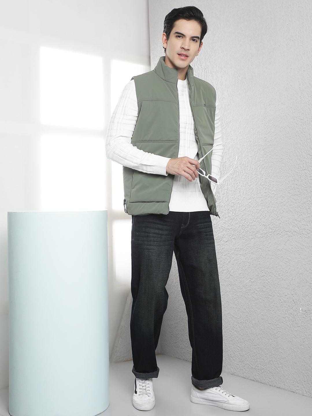Olive High Neck Sleeveless Puffer Jacket