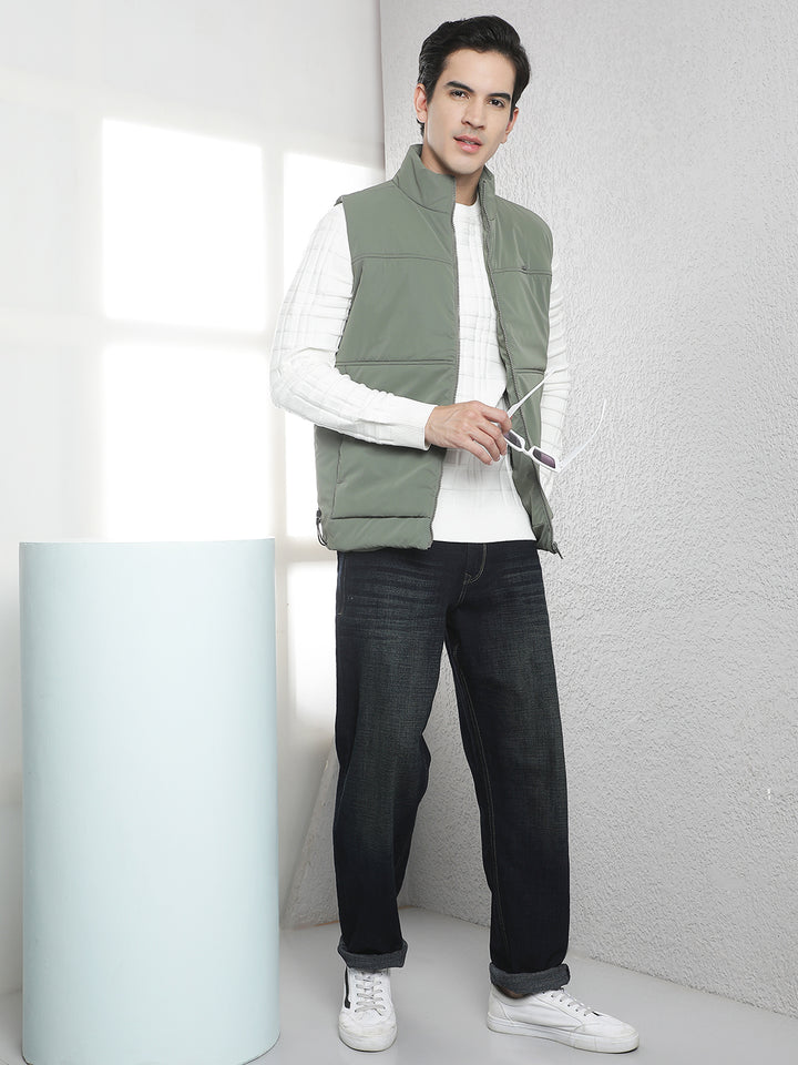 Olive High Neck Sleeveless Puffer Jacket