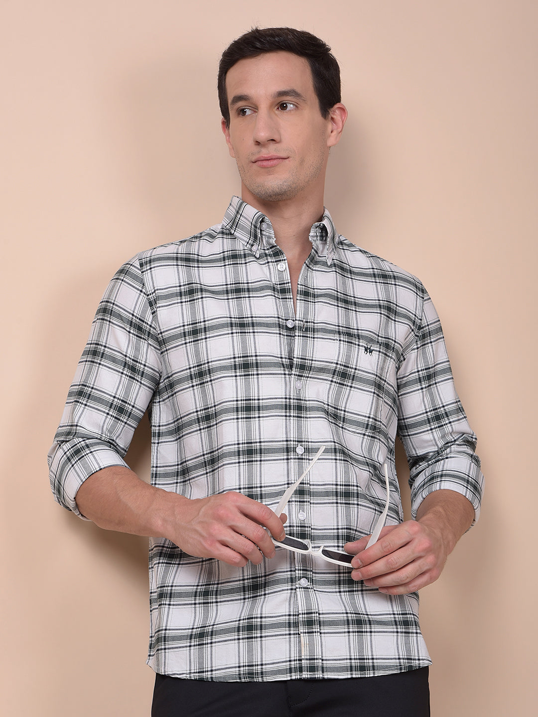 Green Checked Button-Down Collar 100% Cotton Shirt