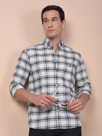 Green Checked Button-Down Collar 100% Cotton Shirt