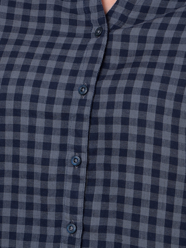 Blue Checked 100% Cotton V-Neck Shirt