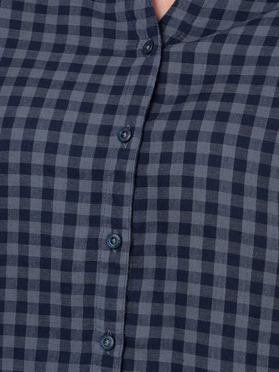 Blue Checked 100% Cotton V-Neck Shirt