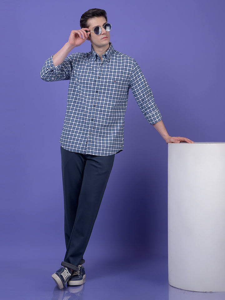 Blue Checked Button-Down Collar 100% Cotton Shirt