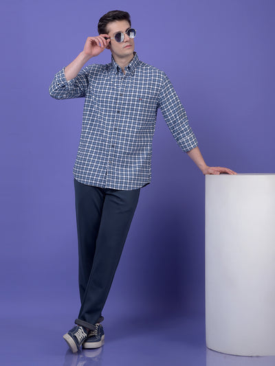 Blue Checked Button-Down Collar 100% Cotton Shirt