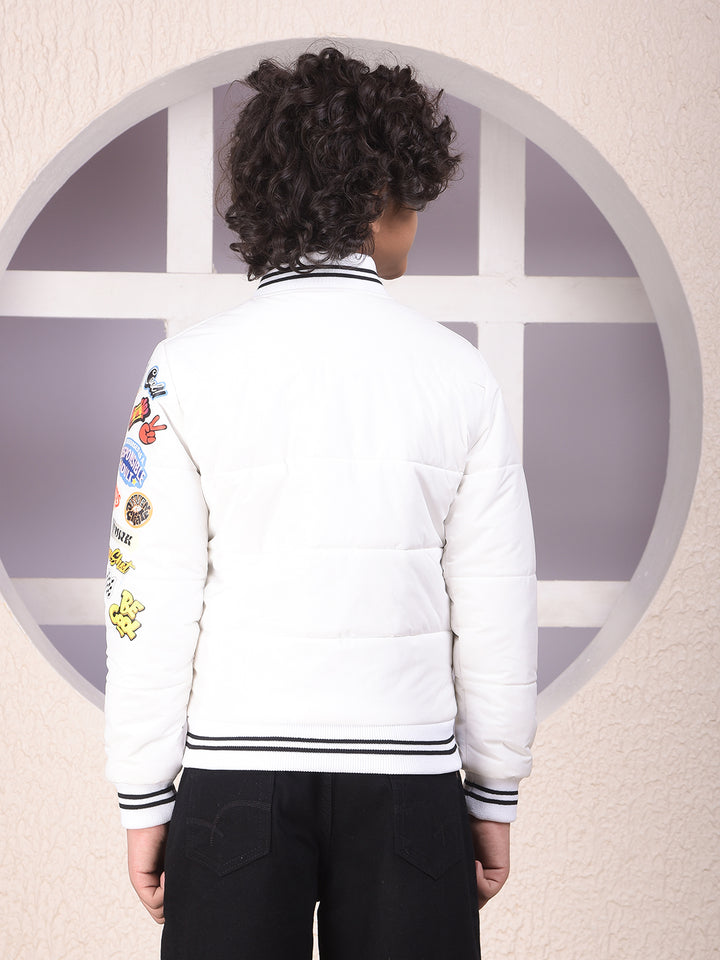 White Typographic Print Puffer Jacket