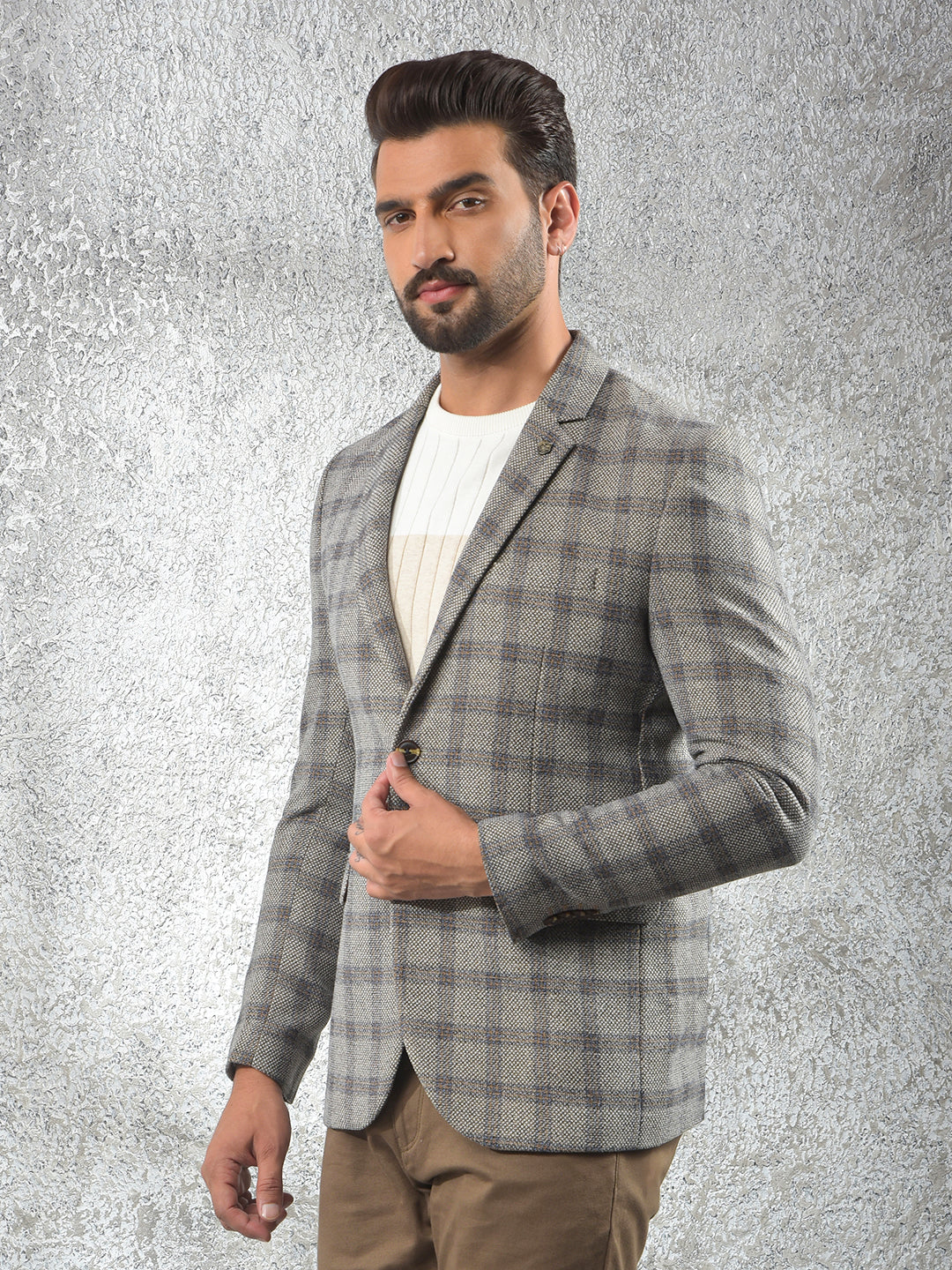Grey Checked Notched Lapel Single-Breasted Blazer