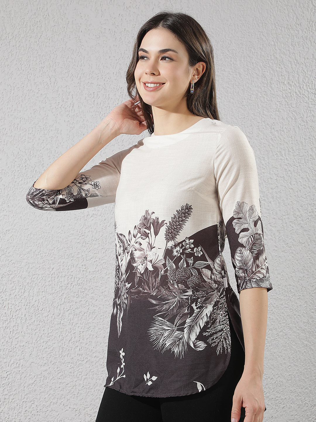Off White Floral Print Longline Top