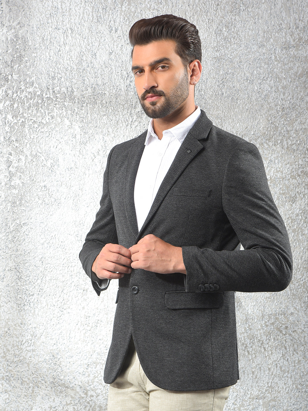 Grey Notched Lapel Single-Breasted Blazer